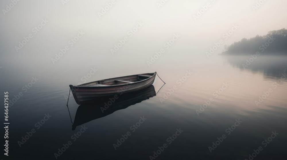 Empty rowboat on misty morning on lake
