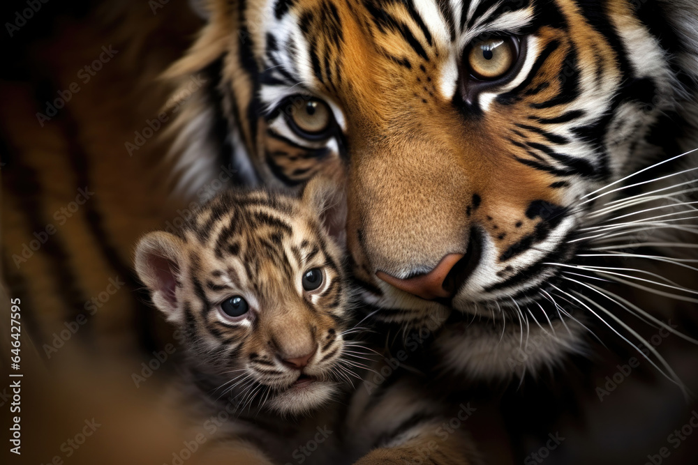 Tiger cub with its mother close up.