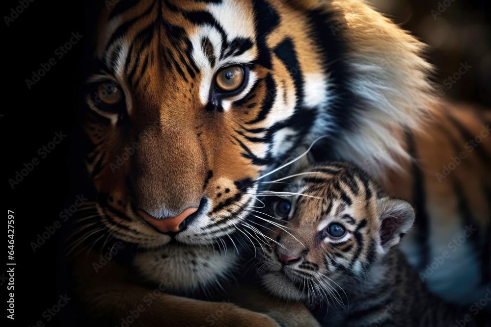 Tiger cub with its mother close up. Tiger cub with its mother close up.