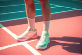 Cropped image of young woman legs in white sneakers standing on pink court