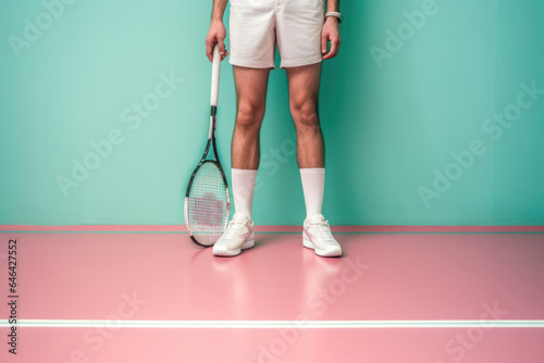 Cropped image of young man in tennis shorts holding a racket over pale background © GVS