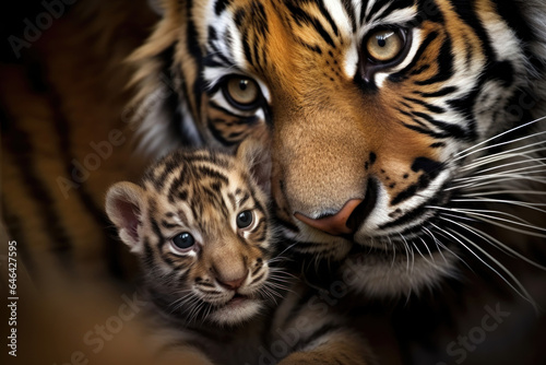 Tiger cub with its mother close up.