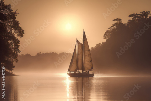 Sailboat on a misty lake at sunrise