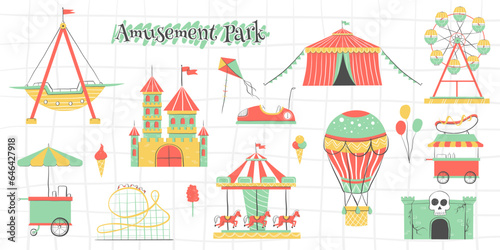 Amusement park attractions set. Carnival amuse kids carousels games fairground attraction play rollercoaster, flat vector illustration