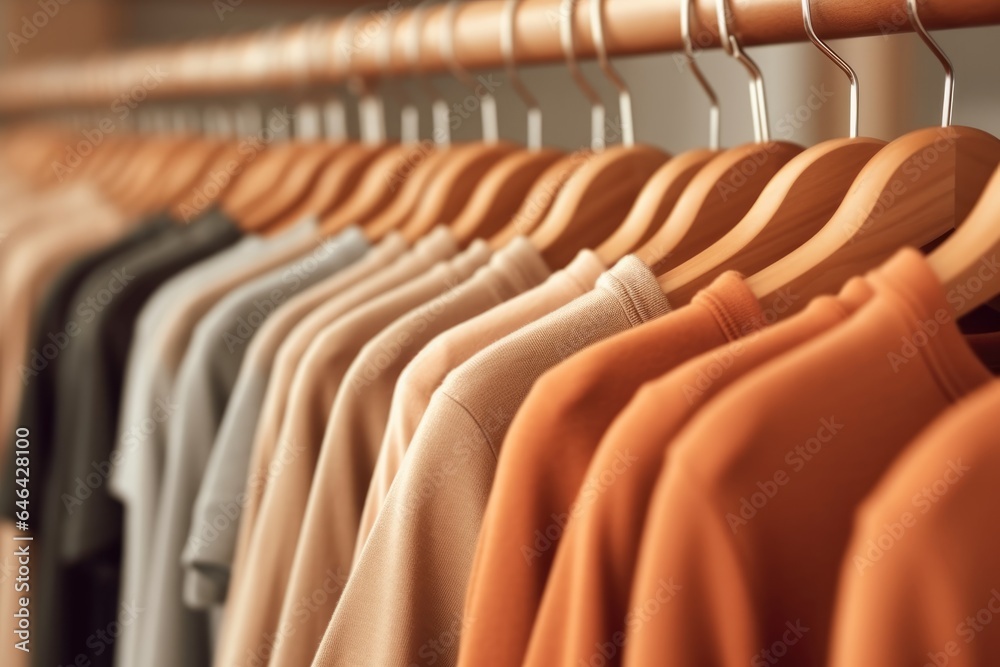 Fototapeta premium Plain new apricot sweatshirts on hangers clothing store. Sale, shopping . Casual clothes for autumn season. Close up.