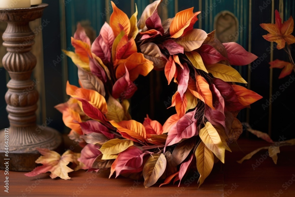 Obraz premium fall wreath with vibrant leaves on a table
