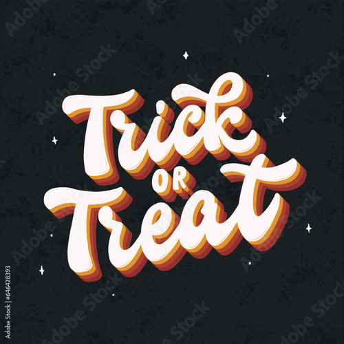 Halloween groovy lettering quote 'Trick or treat' decorated with stars on black textured background for cards, posters, prints, banners, stickers, sublimation, etc. EPS 10