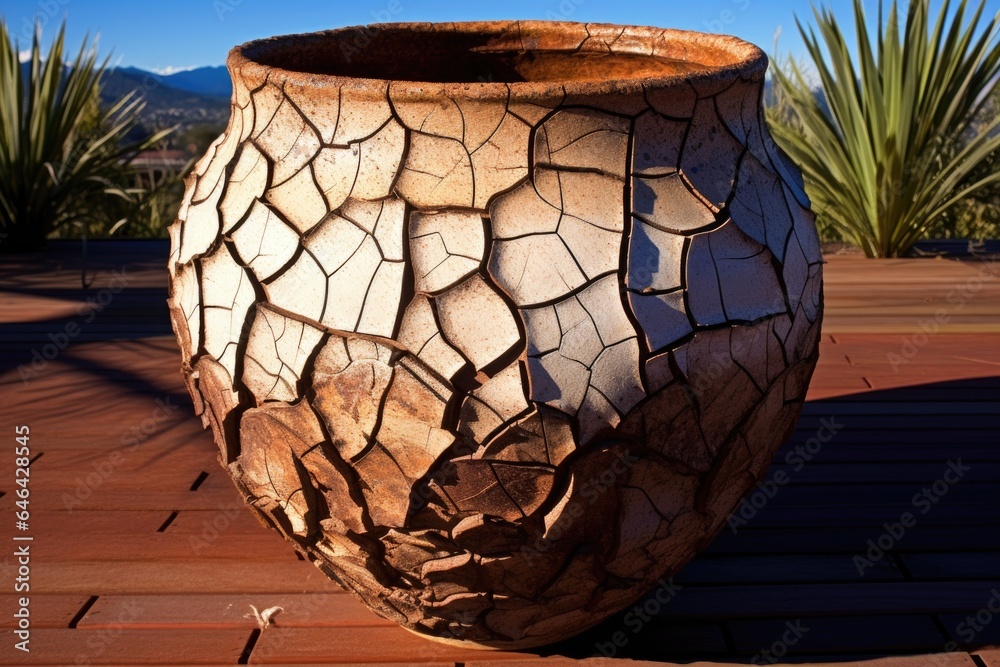 cracked clay pot drying in sun, showing age and texture cracked clay pot drying in sun, showing age and texture