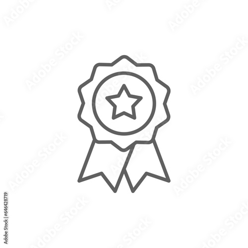 Rosette stamp icon. Simple outline style. Winner medal with star and ribbon, award, first place badge, best quality concept. Thin line symbol. Vector isolated on white background. Editable stroke SVG.