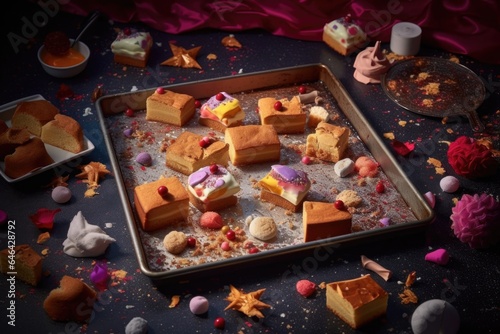 baking tray with cake pieces scattered around