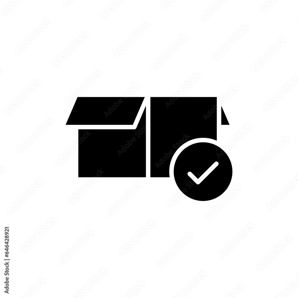 Box check icon. Simple solid style. Receive product, delivery package, open order, cardboard, bulk, unpack box concept. Black silhouette, glyph symbol. Vector isolated on white background. SVG. Box check icon. Simple solid style. Receive product, delivery package, open order, cardboard, bulk, unpack box concept. Black silhouette, glyph symbol. Vector isolated on white background. SVG.