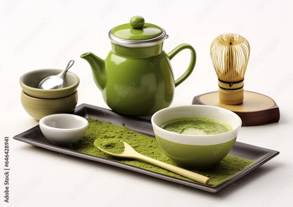 Traditional matcha green tea set with raw powder and ceramic kettle on white background.Macro.AI Generative Traditional matcha green tea set with raw powder and ceramic kettle on white background.Macro.AI Generative