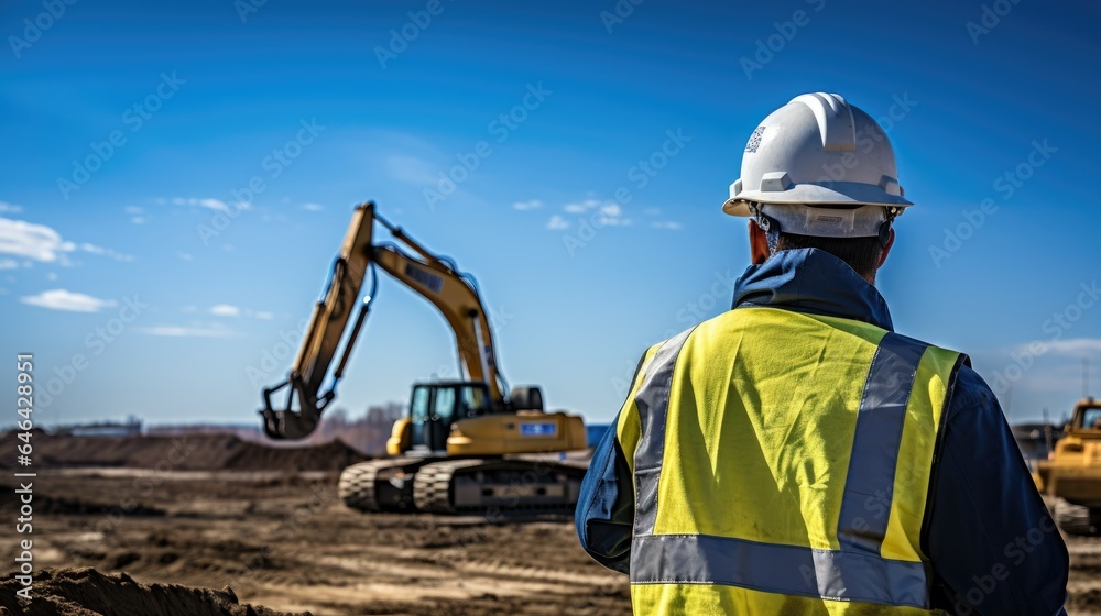Construction worker in dark blue uniform and white hard hat operating heavy machinery on a construction site with clear blue sky and scattered clouds. High-quality stock image of a worker in the vici Construction worker in dark blue uniform and white hard hat operating heavy machinery on a construction site with clear blue sky and scattered clouds. High-quality stock image of a worker in the vici