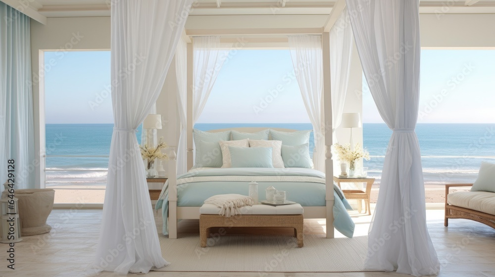 Serene beach-themed bedroom with pale blue walls, large windows, and ...