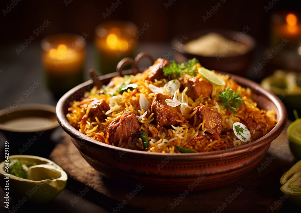 Traditional iranian biryani meal with chicken and rice on table.Macro.AI Generative Traditional iranian biryani meal with chicken and rice on table.Macro.AI Generative