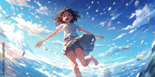a beautiful girl wearing a miniskirt running on the beach, anime style