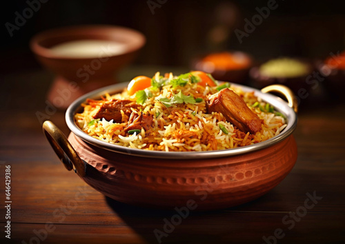 Traditional iranian biryani meal with chicken and rice on table.Macro.AI Generative