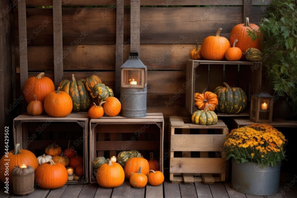 rustic wooden crates with pumpkins and lanterns