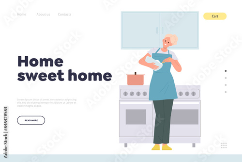 Home sweet home concept for landing page design template with happy woman cooking on kitchen