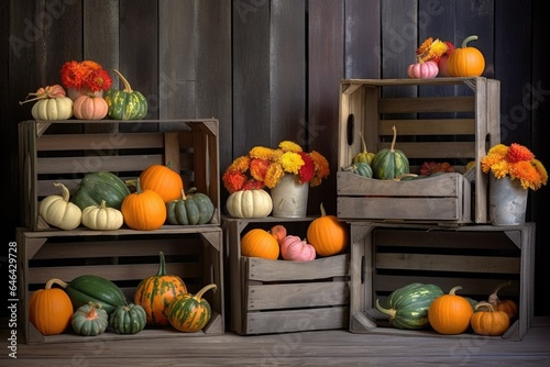 rustic wooden crates with colorful pumpkins and gourds