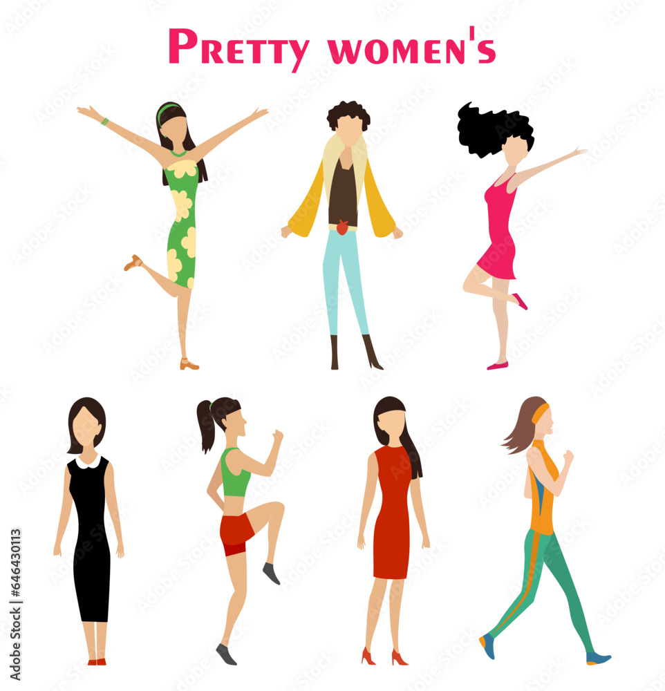 Set of female avatars in full growth. Lifestyle woman and girls in business, leisure and fitness clothes at different poses. Vector flat colorful illustration