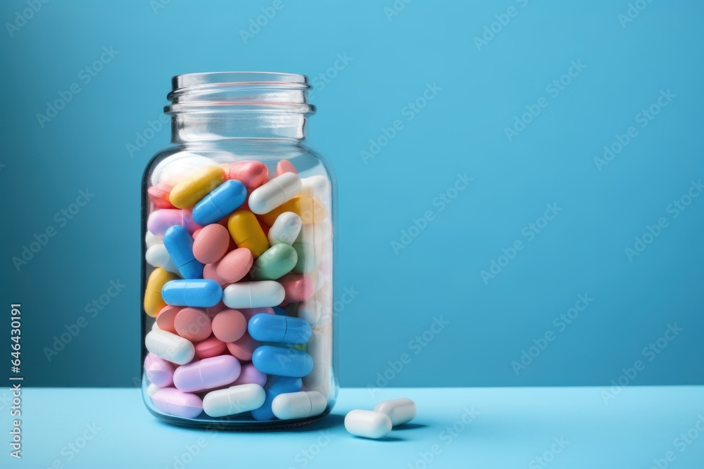 Colorful medical pharmacy pills in a transparent plastic bottle on a light blue background for disease and illness prevention as supplement and treatment of flu, bacteria, cold and viruses Colorful medical pharmacy pills in a transparent plastic bottle on a light blue background for disease and illness prevention as supplement and treatment of flu, bacteria, cold and viruses