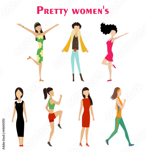 Set of female avatars in full growth. Lifestyle woman and girls in business, leisure and fitness clothes at different poses. Vector flat colorful illustration