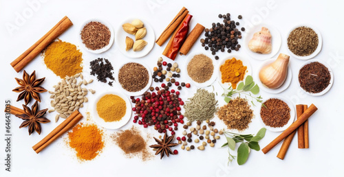 Fototapeta Naklejka Na Ścianę i Meble -  Assortment of natural ayurvedic spices on dark rustic stone background, Healthy spice concept. AI Generative.