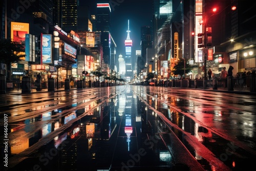 Night Rain-Kissed CitySCape  Gleaming Skyscrapers  Vibrant Streets  and Bustling Life Under Shimmering Lights.  generative IA