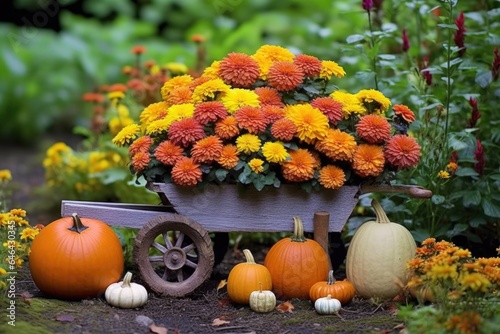Obraz na płótnie miniature wheelbarrow overflowing with pumpkins and mums