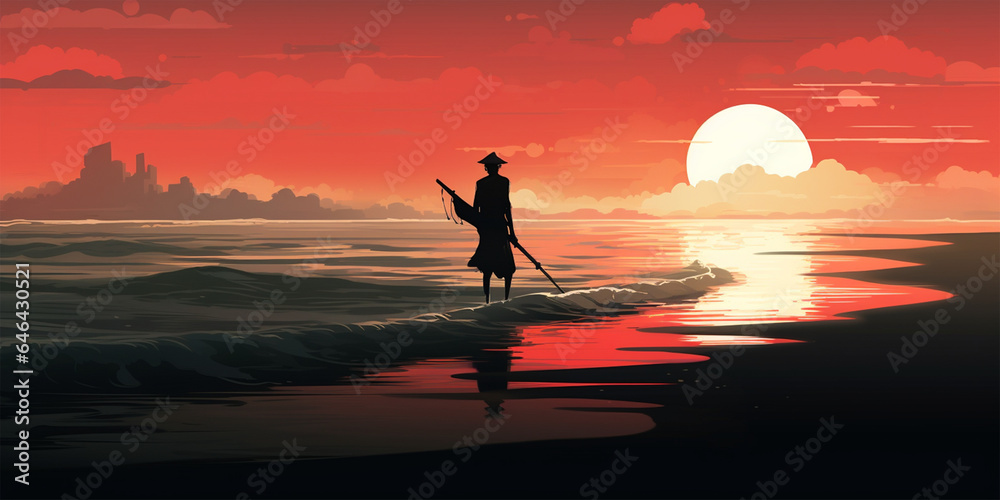 anime style illustration, a ninja on the beach