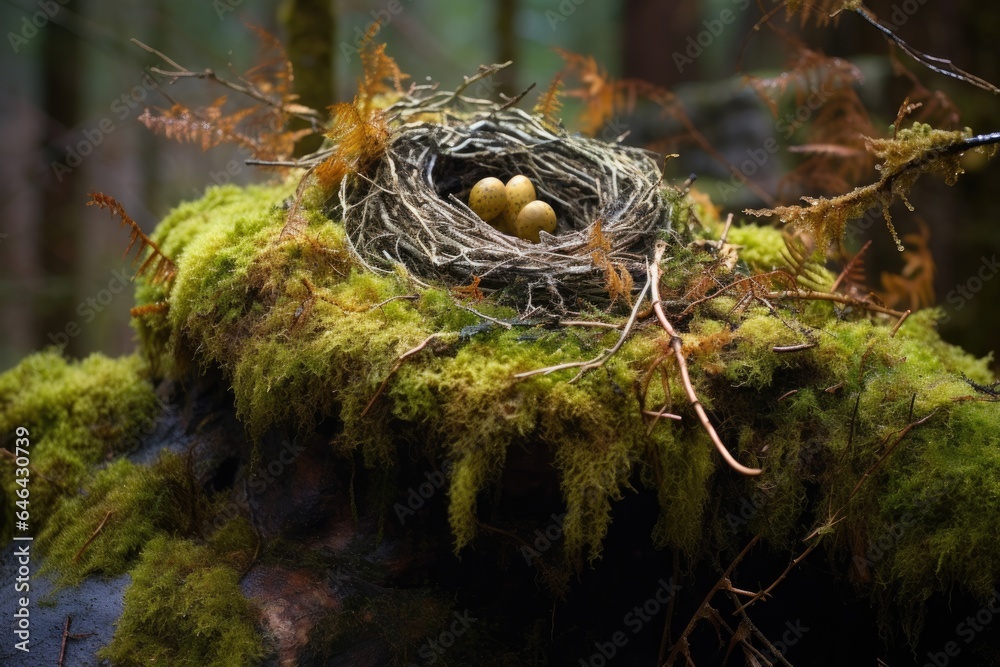 fallen nest on a mossy rock, blending with natures textures fallen nest on a mossy rock, blending with natures textures