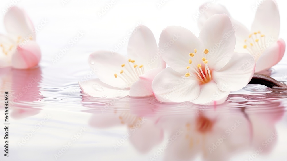 Beautiful flower blooming branch over the water with reflection in a pond, close-up with soft focus, Generative AI illustration