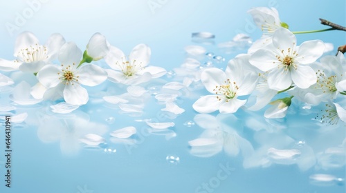 Beautiful flower blooming branch over the water with reflection in a pond, close-up with soft focus, Generative AI illustration