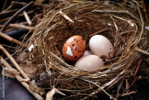 close-up of a fallen birds nest with broken eggshells