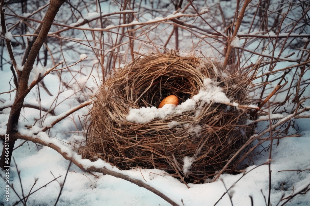 birds nest on the ground, with snow gently covering it birds nest on the ground, with snow gently covering it