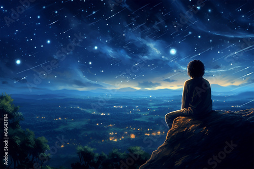background of a person on the hill looking at the night sky anime style