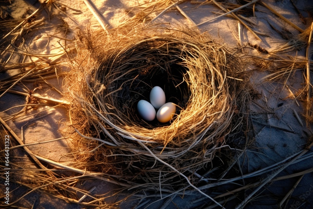 nest on the ground with sunlight casting dramatic shadows nest on the ground with sunlight casting dramatic shadows