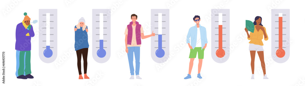 Diverse people cartoon character with meteorology thermometer showing normal, cold and hot weather - obrazy, fototapety, plakaty 