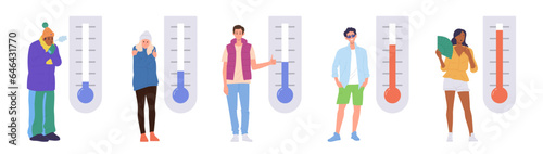 Diverse people cartoon character with meteorology thermometer showing normal, cold and hot weather