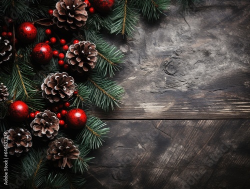 Christmas wood background presents fir branches minimalist