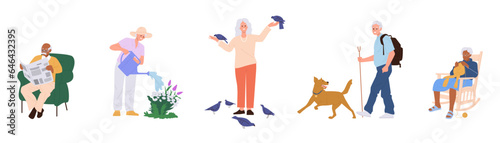 Happy retirement elderly people cartoon character daily routine at home and outdoors isolated set