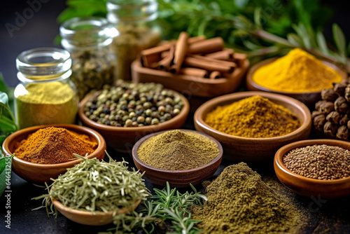 Assortment of natural ayurvedic spices on dark rustic stone background  Healthy spice concept. AI Generative.