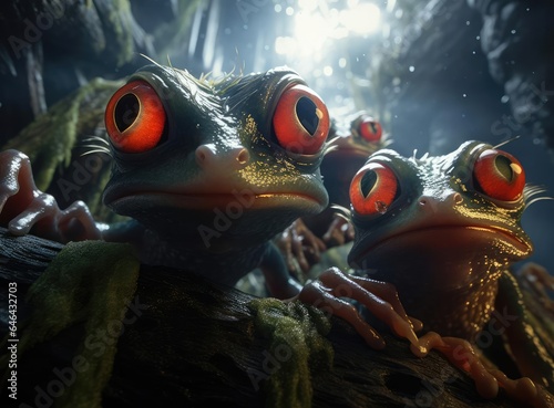 A group of red-eyed frogs