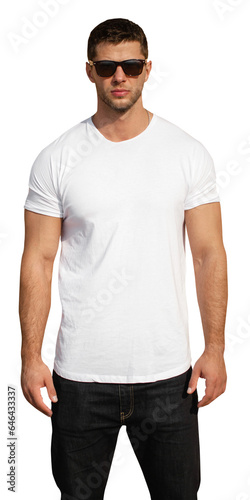 Handsome man wearing white blank t-shirt space for your logo