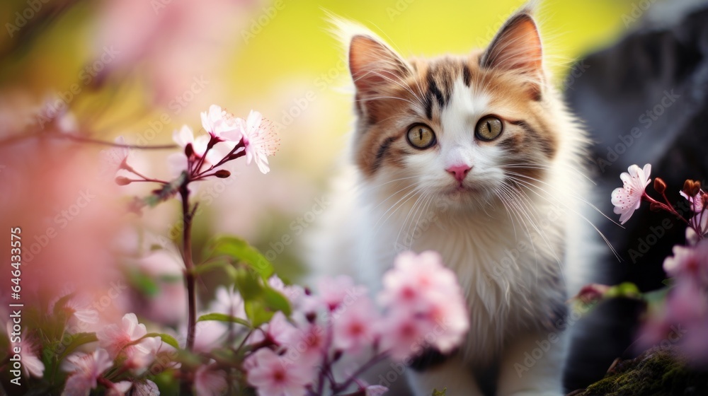 A cat sitting in a field of flowers A cat sitting in a field of flowers