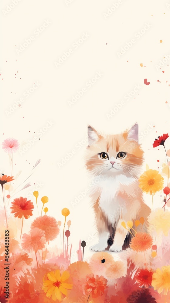 A cat sitting in a field of flowers