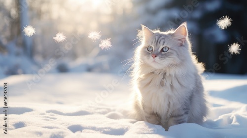 A fluffy white cat sitting in the snow