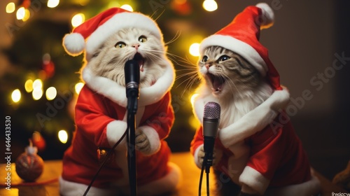 A couple of cats that are standing in front of a microphone