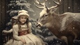 A little girl sitting in a chair next to a deer